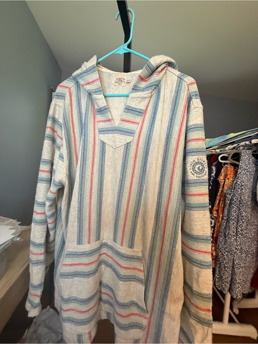 Faherty Striped Baja Hoodie in Light Blue, Cream & Pink